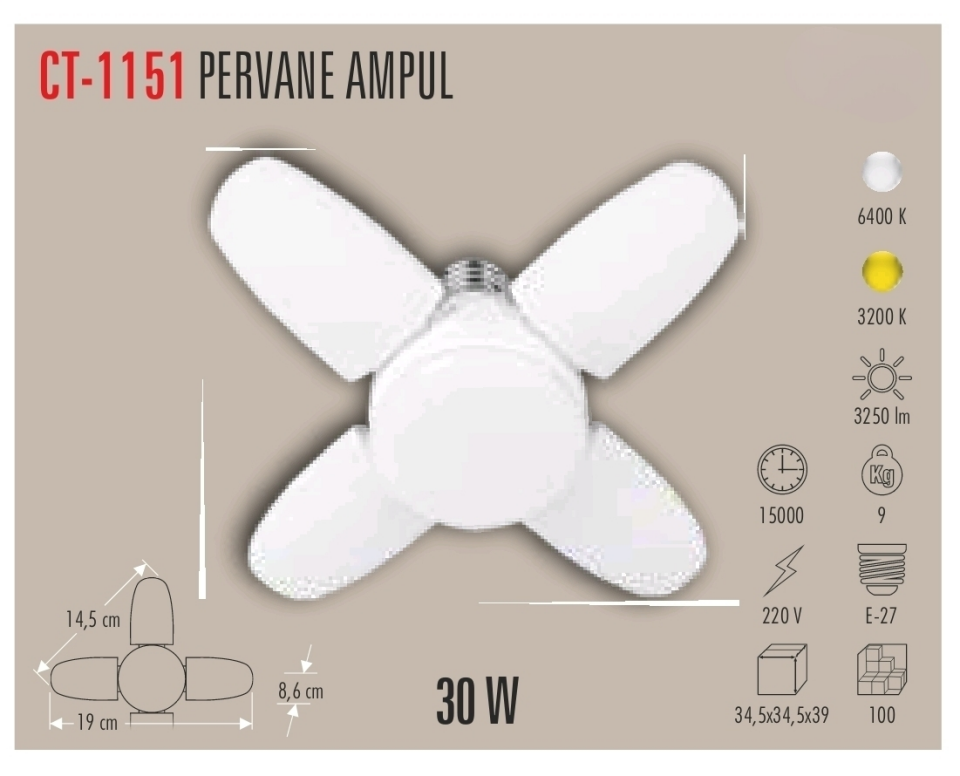 CATA CT-1151 LED Pervane Ampul 4 Kanatlı E27 32 W | Güçlü Aydınlatma